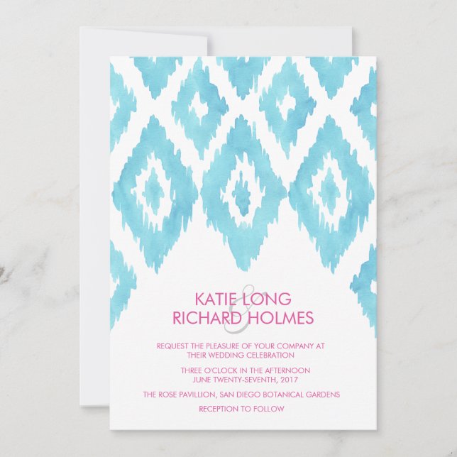 Turquoise Blue Ikat Wedding Invitation (Front)