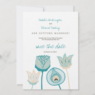 Turquoise Blue & Ivory Funky Flowers Save the Date