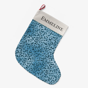 Turquoise Blue Leopard Print Glitter Large Christmas Stocking