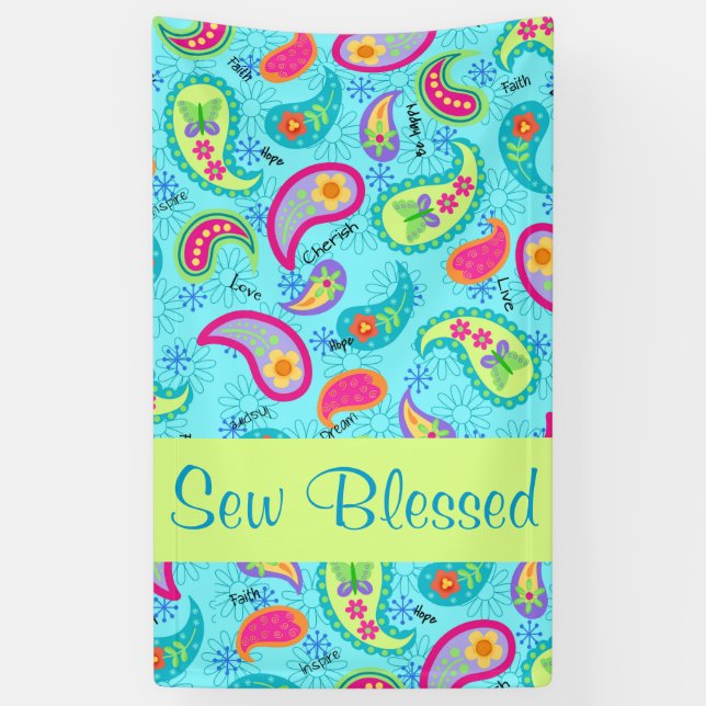 Turquoise Blue Lime Green Modern Paisley Pattern Banner (Vertical)
