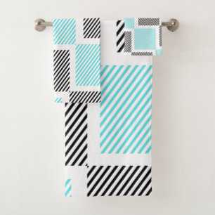 Turquoise Blue Line Squares Bath Towel Set