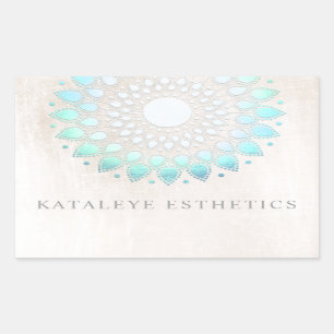 Turquoise Blue Lotus Mandala Brushed White Marble Rectangular Sticker