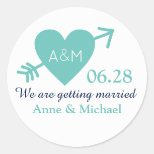 turquoise blue love heart with arrow wedding classic round sticker