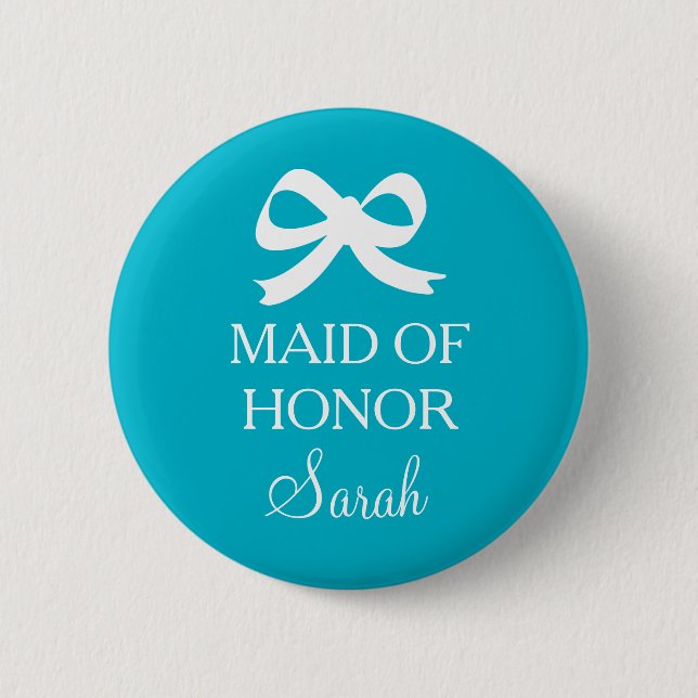 Turquoise blue Maid of honor button for wedding (Front)