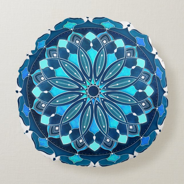 Turquoise Blue Mandala Round Cushion (Front)