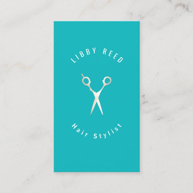 Turquoise Blue Modern Hairdresser Gold Scissors Business Card (Front)