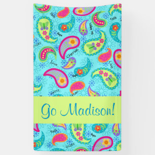 Turquoise Blue Modern Paisley Name Personalised Banner
