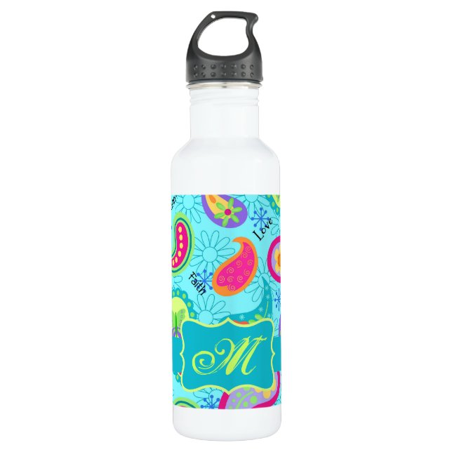 Turquoise Blue Modern Paisley Pattern Monogram 710 Ml Water Bottle (Front)