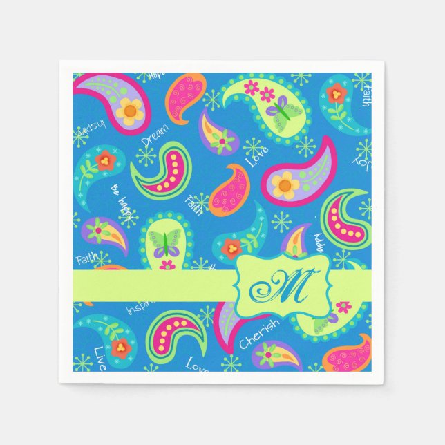 Turquoise Blue Modern Paisley Pattern Monogram Napkin (Front)