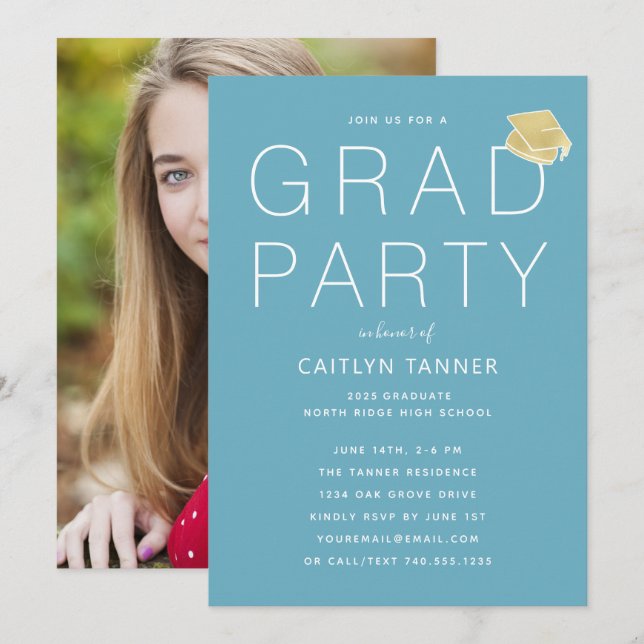 Turquoise Blue Modern Photo Graduation Party Invitation (Front/Back)