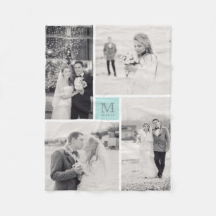 Turquoise Blue Monogram 4 Photo Collage Wedding Fleece Blanket