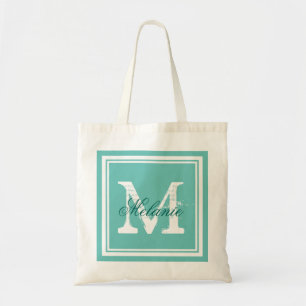 Turquoise blue monogram wedding party tote bags