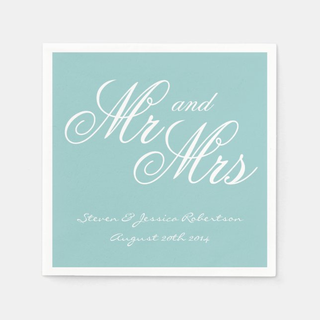 Turquoise blue Mr and Mrs paper wedding napkins (Front)