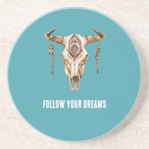 Turquoise Blue Native Tribal Bull Horns Skull Coaster