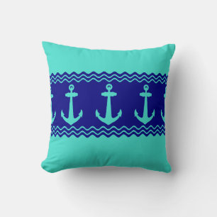 Turquoise Blue Nautical Anchor Coastal Stripes Cushion