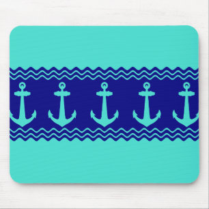Turquoise Blue Nautical Anchor Coastal Stripes Mouse Mat