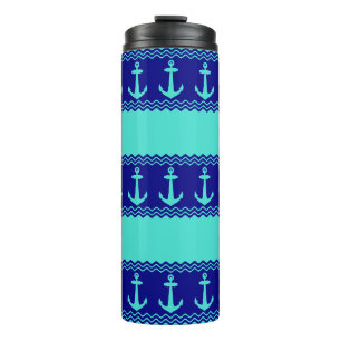 Turquoise Blue Nautical Anchor Coastal Stripes Thermal Tumbler