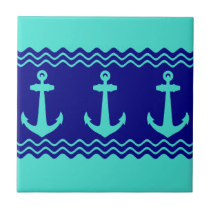 Turquoise Blue Nautical Anchor Coastal Stripes Tile