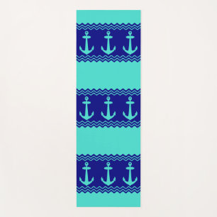Turquoise Blue Nautical Anchor Coastal Stripes Yoga Mat