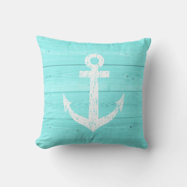 Turquoise blue nautical boat anchor throw pillow (Front)