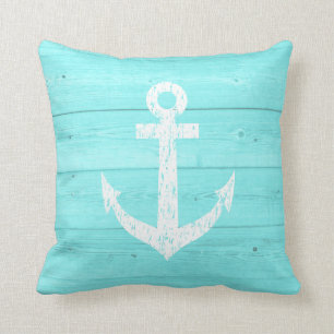Turquoise blue nautical boat anchor throw pillow