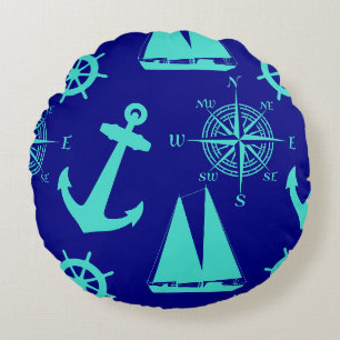 Turquoise Blue Nautical Coastal Boating Round Cushion