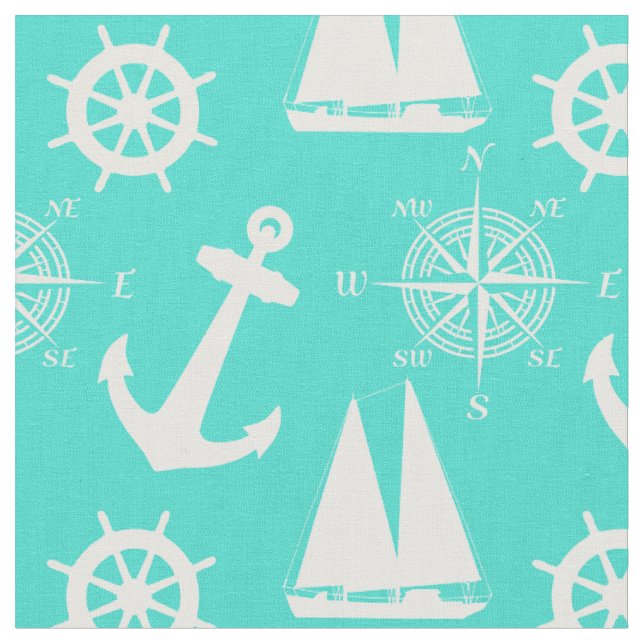 Turquoise Blue Nautical Pattern Fabric (Close Up)