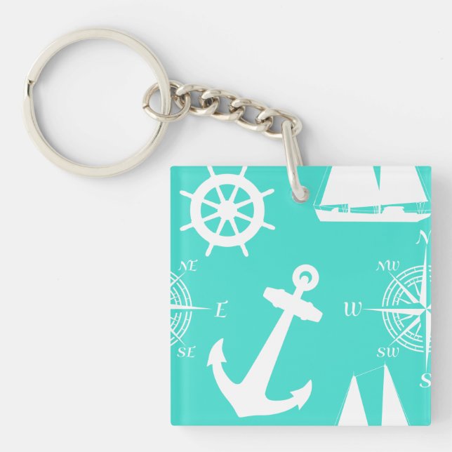 Turquoise Blue Nautical Pattern Key Ring (Front)