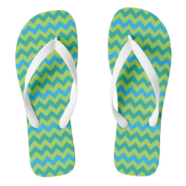 Turquoise Blue Neon Green Emerald Chevrons Flip Flops (Footbed)