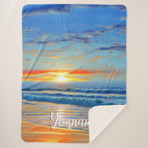 Turquoise blue ocean at sunset sherpa blanket