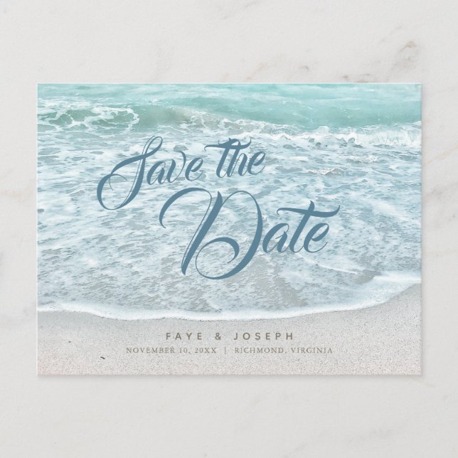 Turquoise Blue Ocean Beach Save the Date Announcement Postcard (Front)