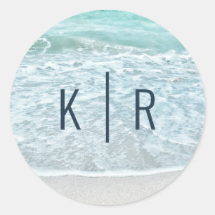 Turquoise Blue Ocean Sandy Beach Monogram Wedding Classic Round Sticker