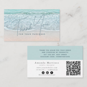 Turquoise Blue Ocean Sandy Beach Thank You QR Business Card