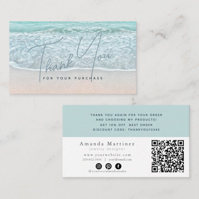 Turquoise Blue Ocean Sandy Beach Thank You QR Business Card (Front/Back)