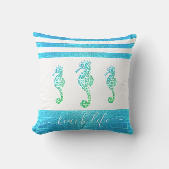 Turquoise blue ombre 3 seahorses beach life script cushion (Front)