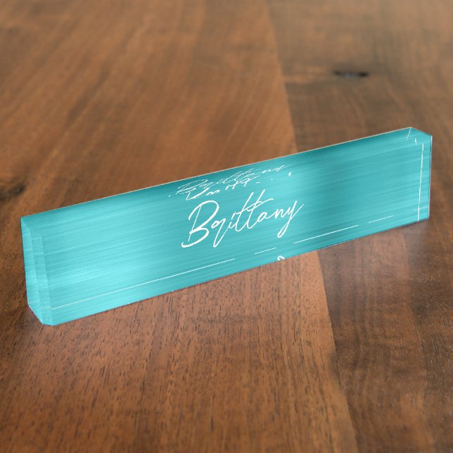 Turquoise Blue Ombre Foil Modern Brush Script Nameplate (Side)