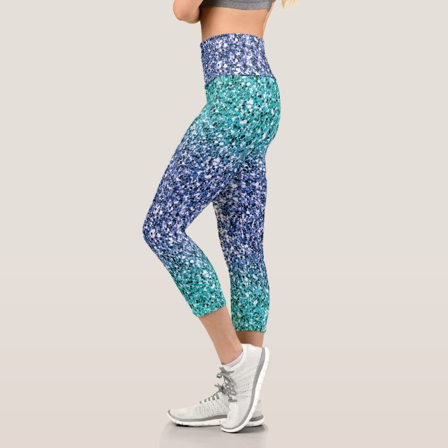 Turquoise-Blue Ombre Glitters Capri Leggings (Left)