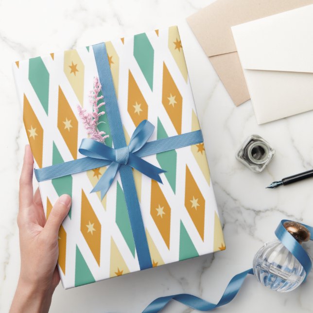 Turquoise Blue Orange Cream Diamond Star Argyle Wrapping Paper (Gifting)