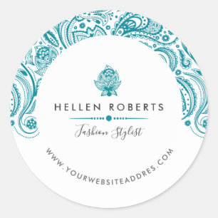 Turquoise-blue Paisley Lace Classic Round Sticker