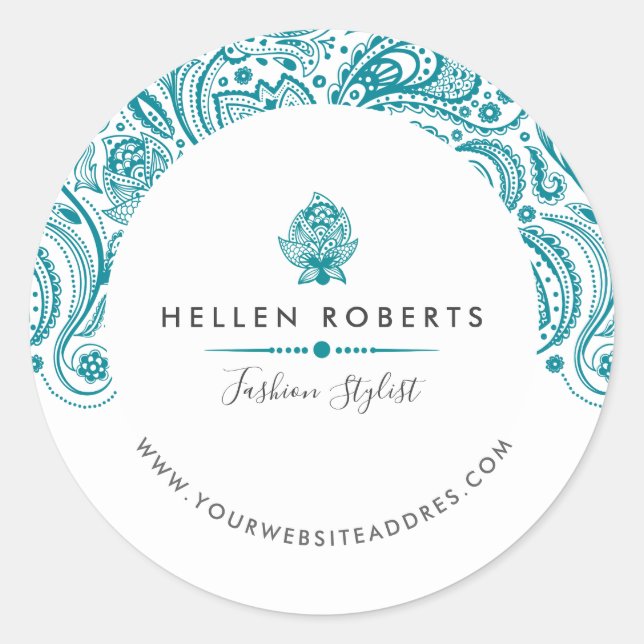 Turquoise-blue Paisley Lace Classic Round Sticker (Front)