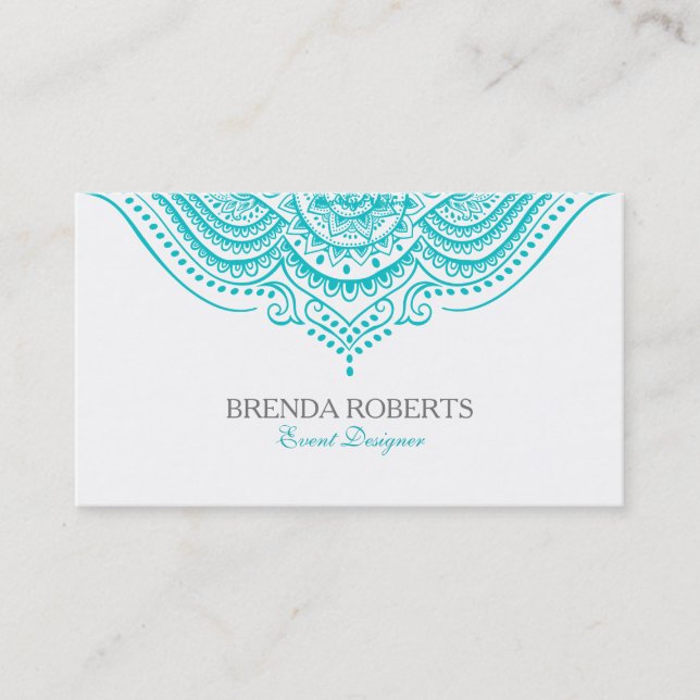 Turquoise-blue paisley lace mandala business card (Front)