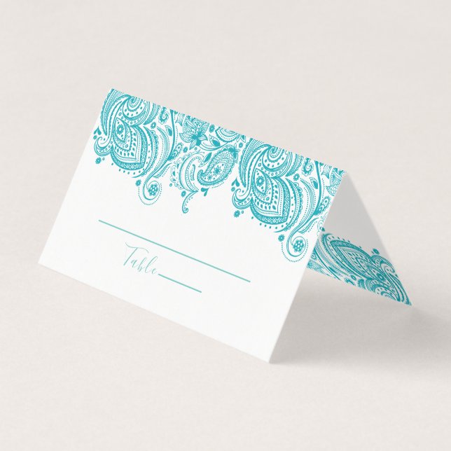 Turquoise-Blue Paisley Lace Place Card (Front)