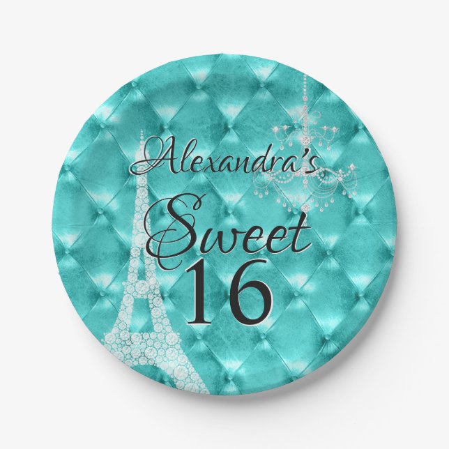 Turquoise Blue Paris Sweet Sixteen Birthday Party Paper Plate (Front)