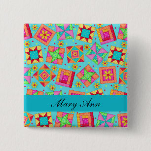 Turquoise Blue Patchwork Quilt Blocks Name Badge