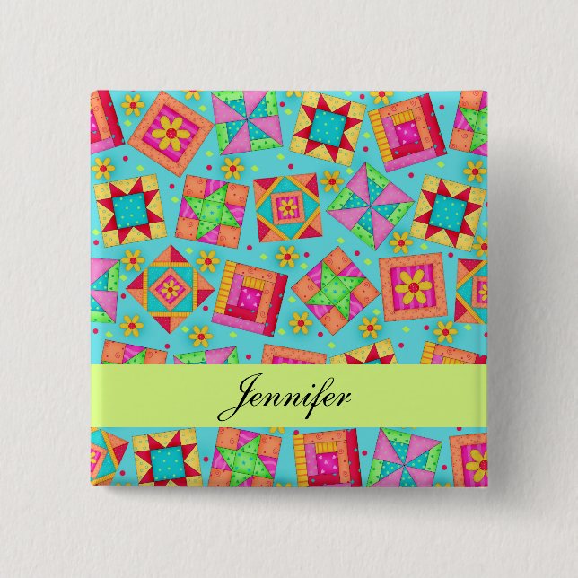 Turquoise Blue Patchwork Quilt Blocks Name Badge (Front)