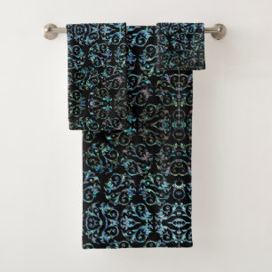 Turquoise Blue Pearl Floral Bath Towel Set