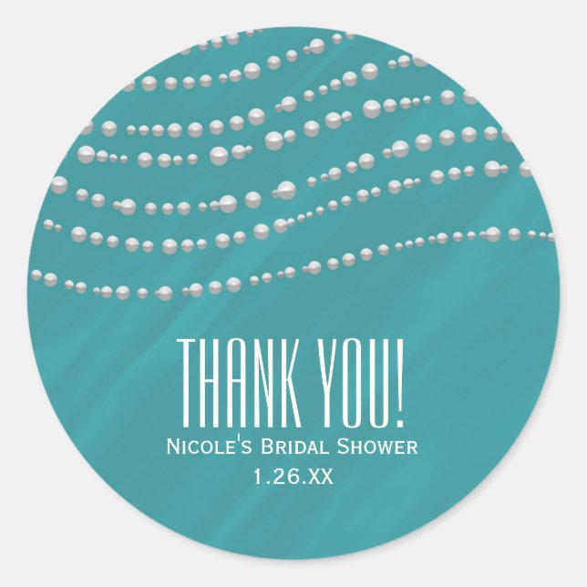 Turquoise Blue & Pearls Elegant Bridal Shower Classic Round Sticker (Front)