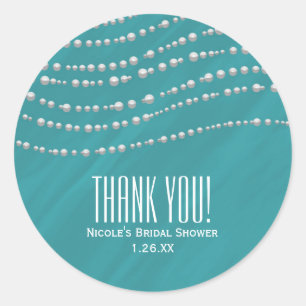Turquoise Blue & Pearls Elegant Bridal Shower Classic Round Sticker