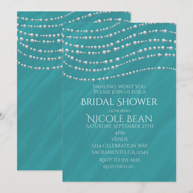 Turquoise Blue & Pearls Elegant Bridal Shower Invitation (Front/Back)