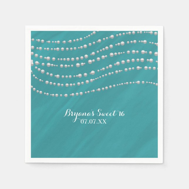 Turquoise Blue & Pearls Elegant Bridal Shower Napkin (Front)